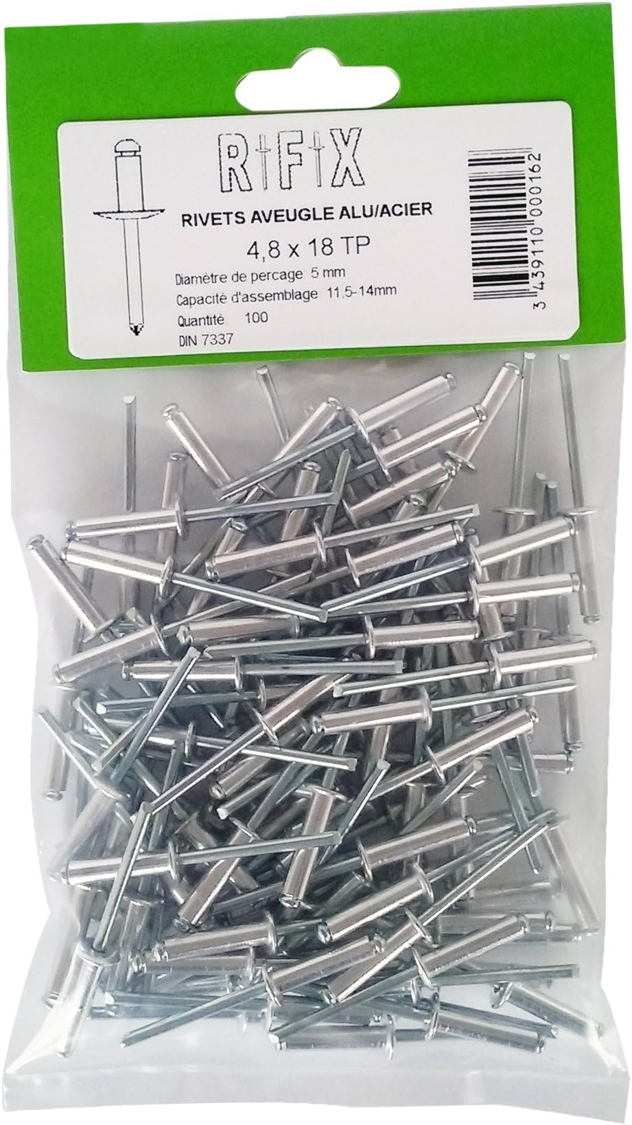 rifix al1004818 Pack of 100 Aluminium/Steel Rivet 4.8 x 18 Flat Head