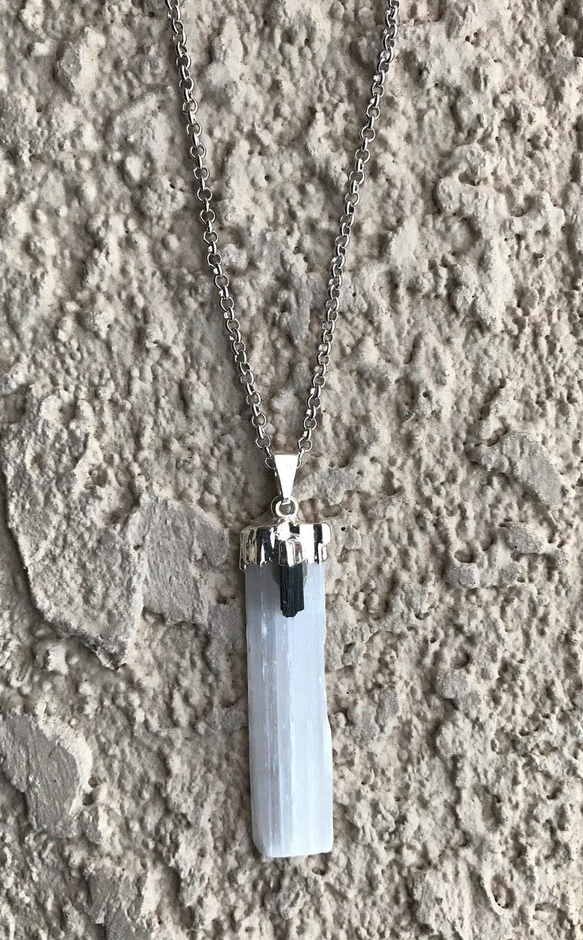Natural Selenite and Black Tourmaline Crystal Pendant Necklace 22 inches Unisex