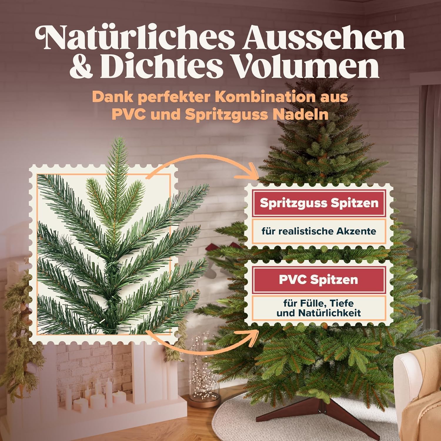 Premium Weihnachtsbaum künstlich 180cm - TESTSIEGER 10 Jahre GARANTIE - Naturgetreu, dichte Zweige, Künstlicher Weihnachtsbaum mit Holzständer, Christmas Tree Tannenbaum künstlich 180 cm Pure Living