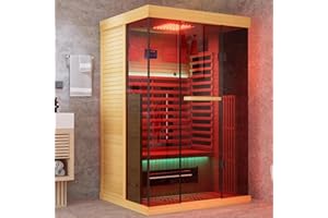 MEISSALIVVE Full Spectrum Infrared Sauna，1-2 Person Home Sauna，Wooden Canadian Hemlock Indoor Spa Room with Resonance Speaker, Panoramic Tempered Glass Door