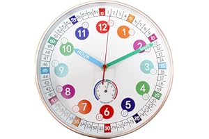 SYOYUEX Learning Time Clock for Kids ，10Inch Colorful Clock Face Silent Clocks，Bedroom,Kitchen,Classroom,Clear Digital，Décor at School, Wall Clock for Kids Room (Rose Gold)