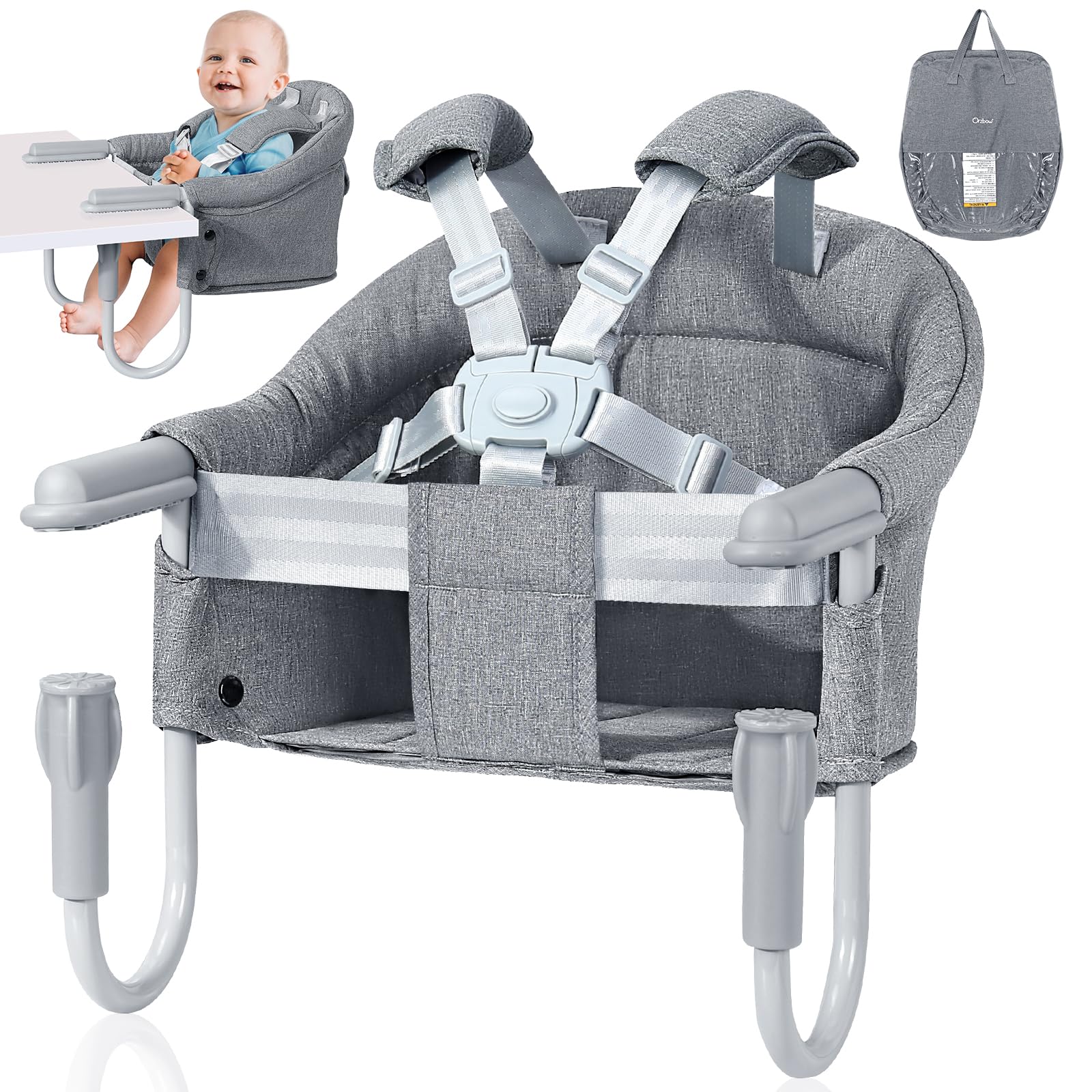 Orzbow Hook-on Seats,Portable Hook on High Chair with 5-Point Safety Harness,Shoulder Strap Mats and Removable Seat Cushion,Stable Clip on Baby Chair for Home and Restaurant (Grey)
