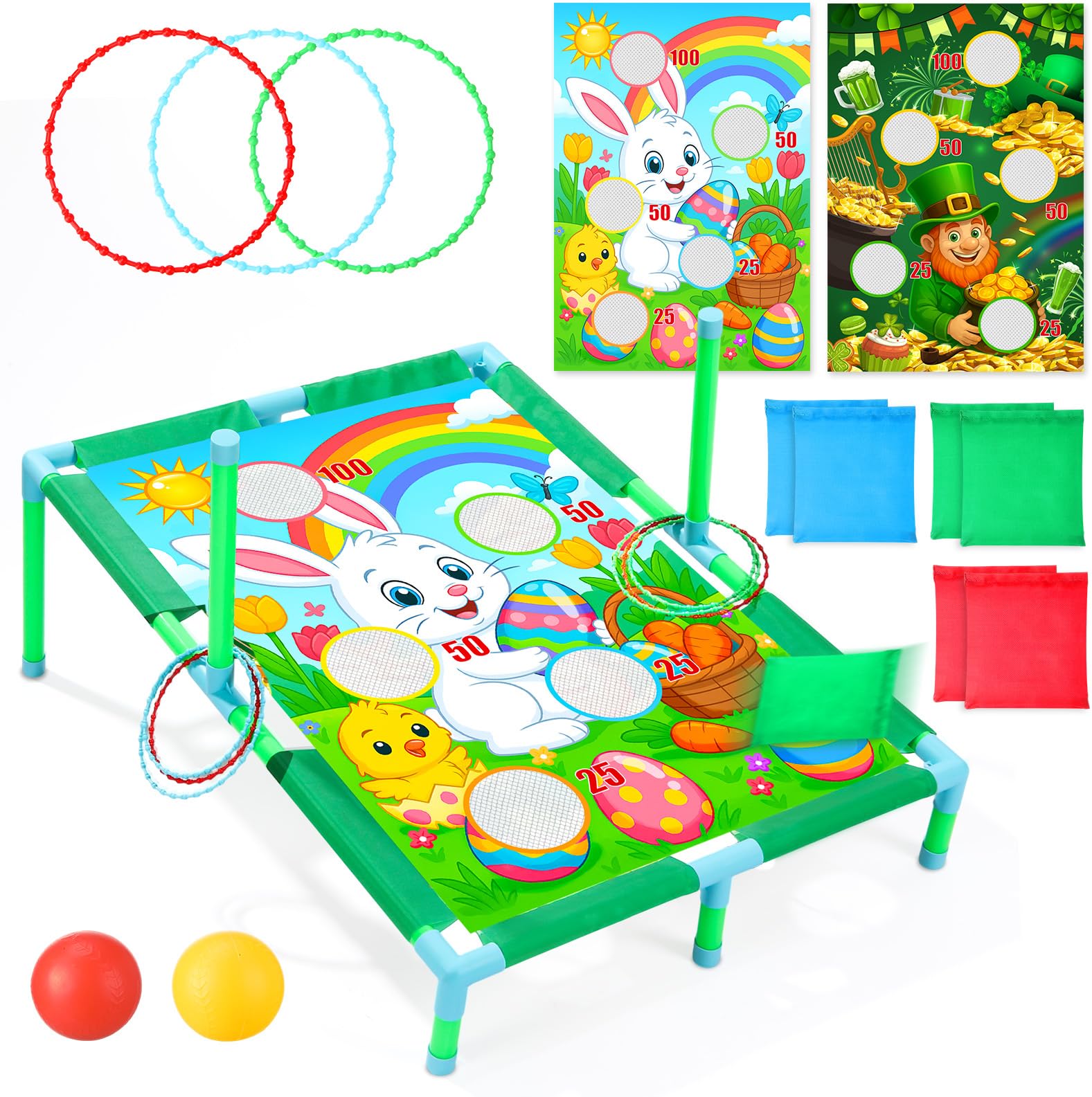 Photo 1 of Gemscream 2 Set 3 in 1 Easter Bean Bag Toss with Bean Bags Easter Bunny Portable PVC Framed Cornhole Outdoor Balls Rings Toss Gift for Family Party Supplies Yard Activities