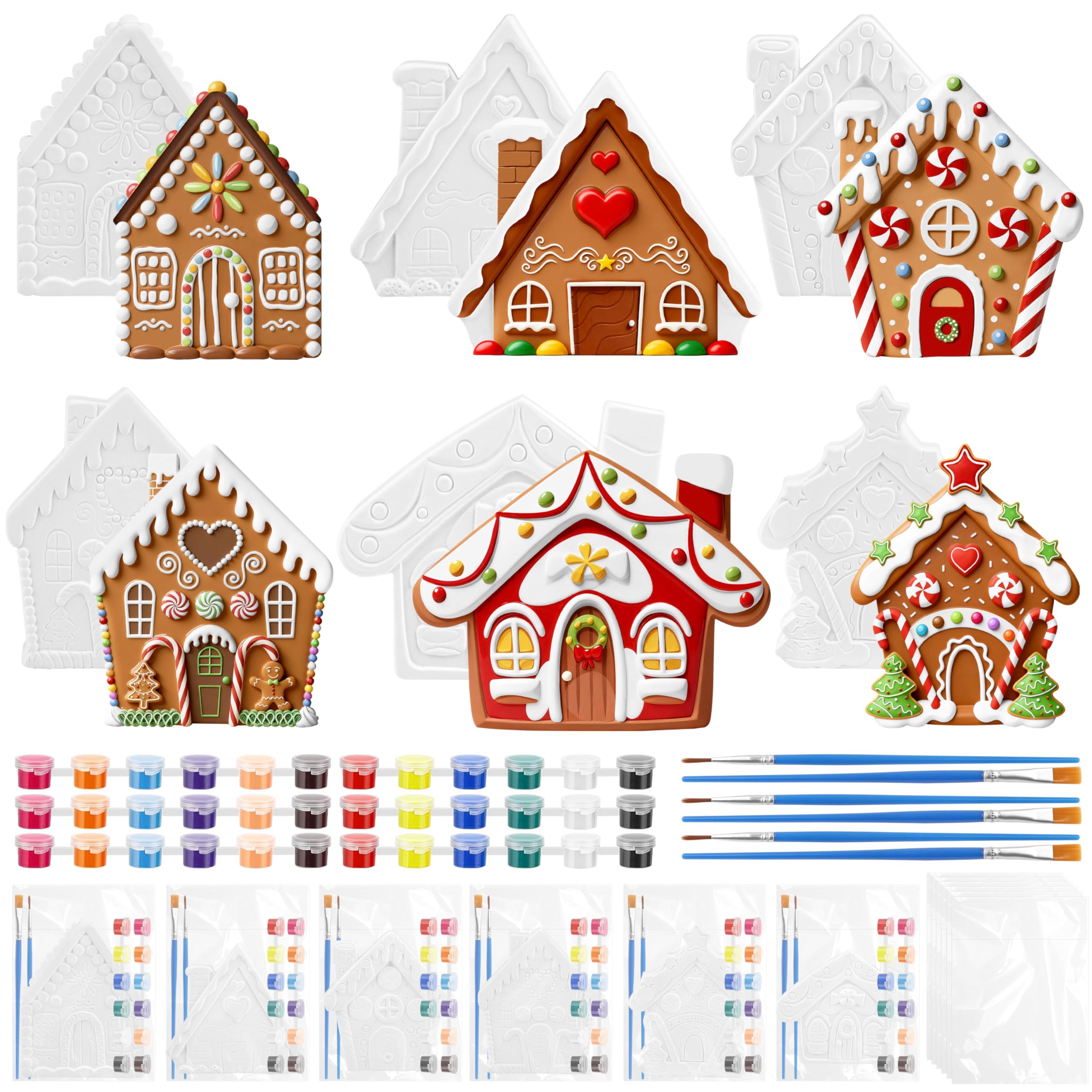 Photo 1 of GuiZha 6 Sets DIY Gingerbread House Plaster Paint Kit - 6 Unpainted Ceramic Figurines Christmas Crafts for Adults