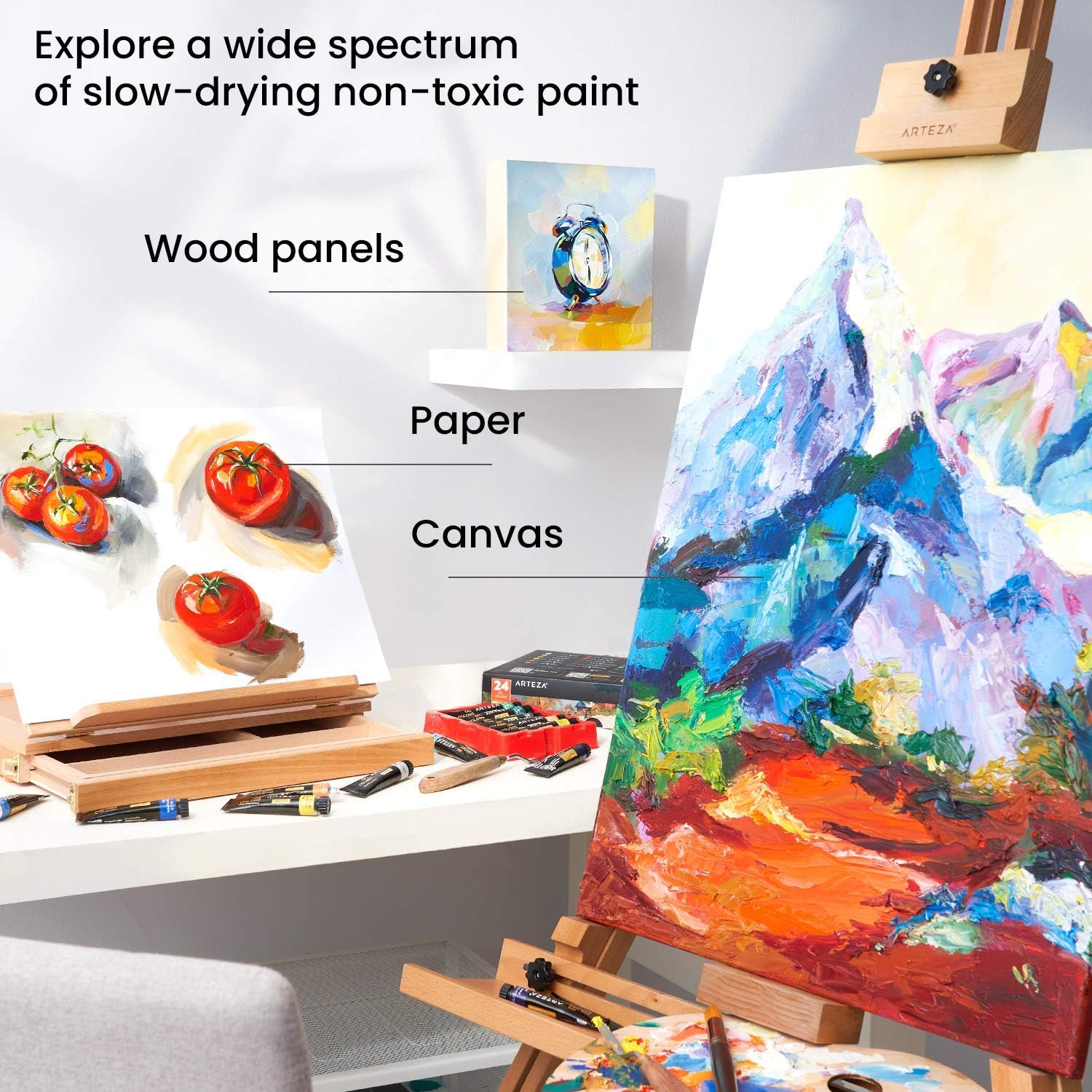 ARTEZA Oil Paint, Set of 24 Colors/Tubes (24x12ml/0.4oz) with Storage Box, Rich Pigments, Vibrant, Non Toxic Paints for The Professional Artist, Hobby Painters & Kids, Ideal for Canvas Painting
