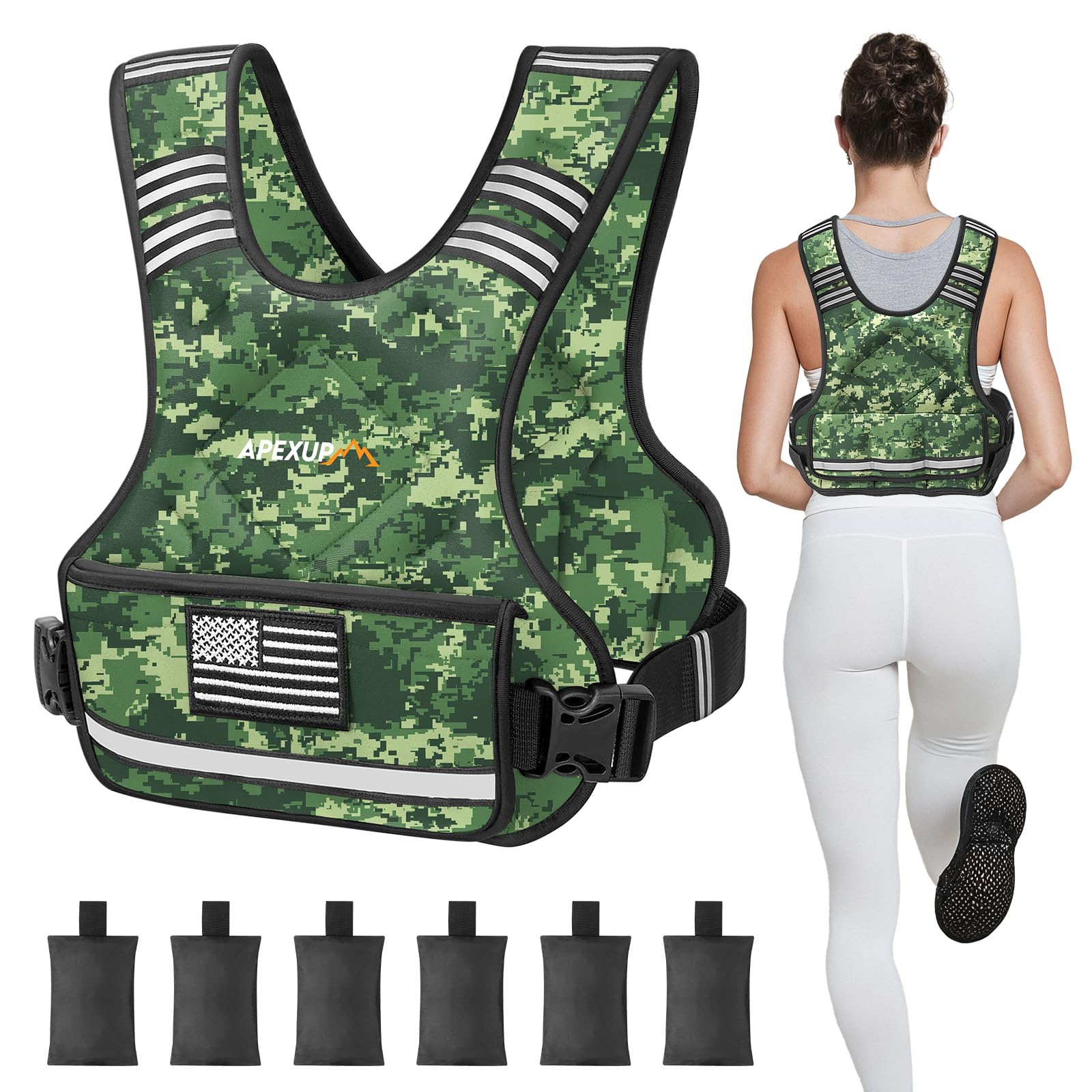 APEXUP Adjustable Weighted Vest, 4-10lb/12-18lb/20-32lb Vest with 6 Ironsand Weights and Large Pocket, Weight Vest for Men Women Strength Training, Running, Walking (12-18lb, Green Digi Camo) Image