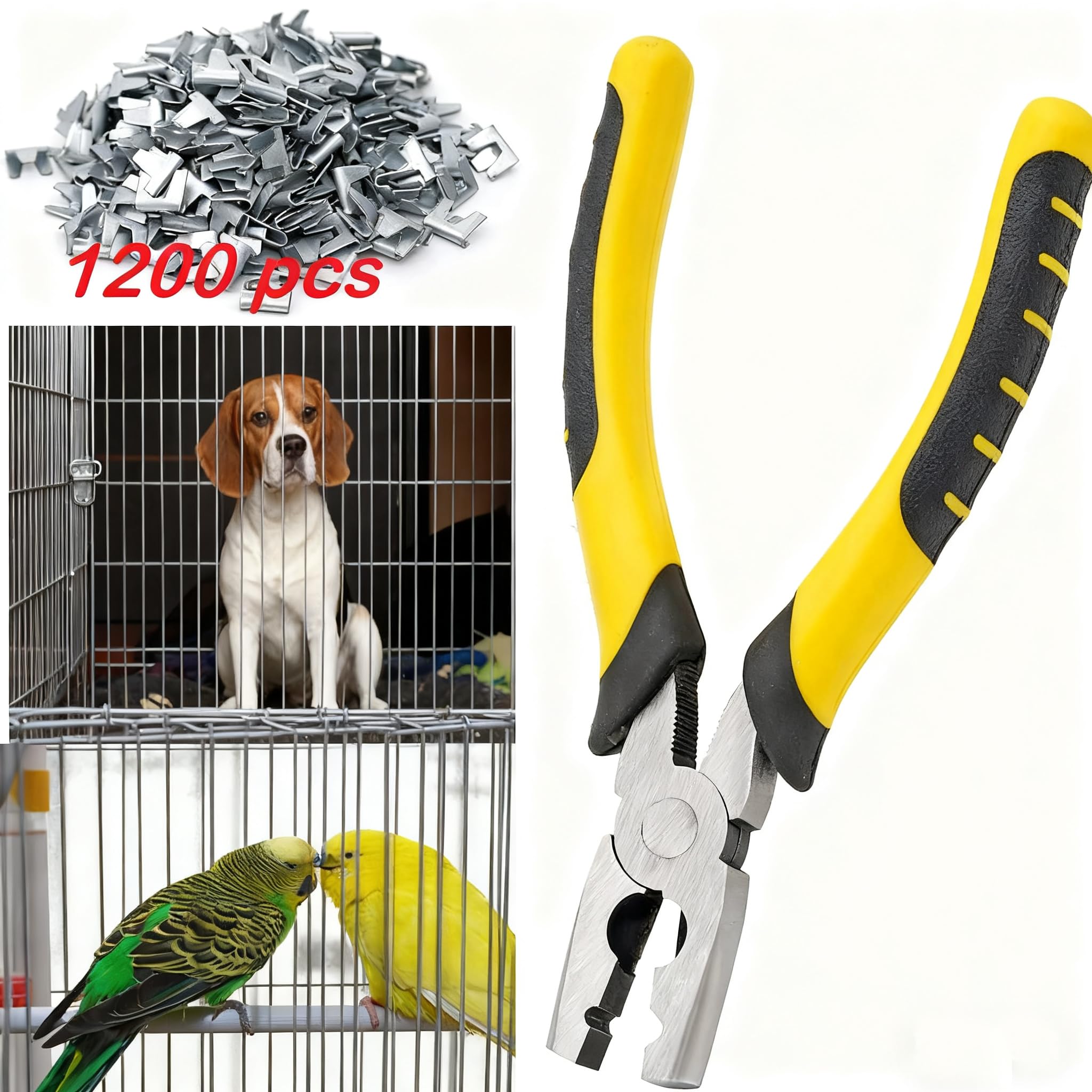 MUYIRTED Wire Cage Buckle Clips Tool and Pliers Set, 1200pcs Metal Buckle Clip for Pet Cat Dog Rabbit Cage and Cattle Sheep Fence Wire Mesh Plier