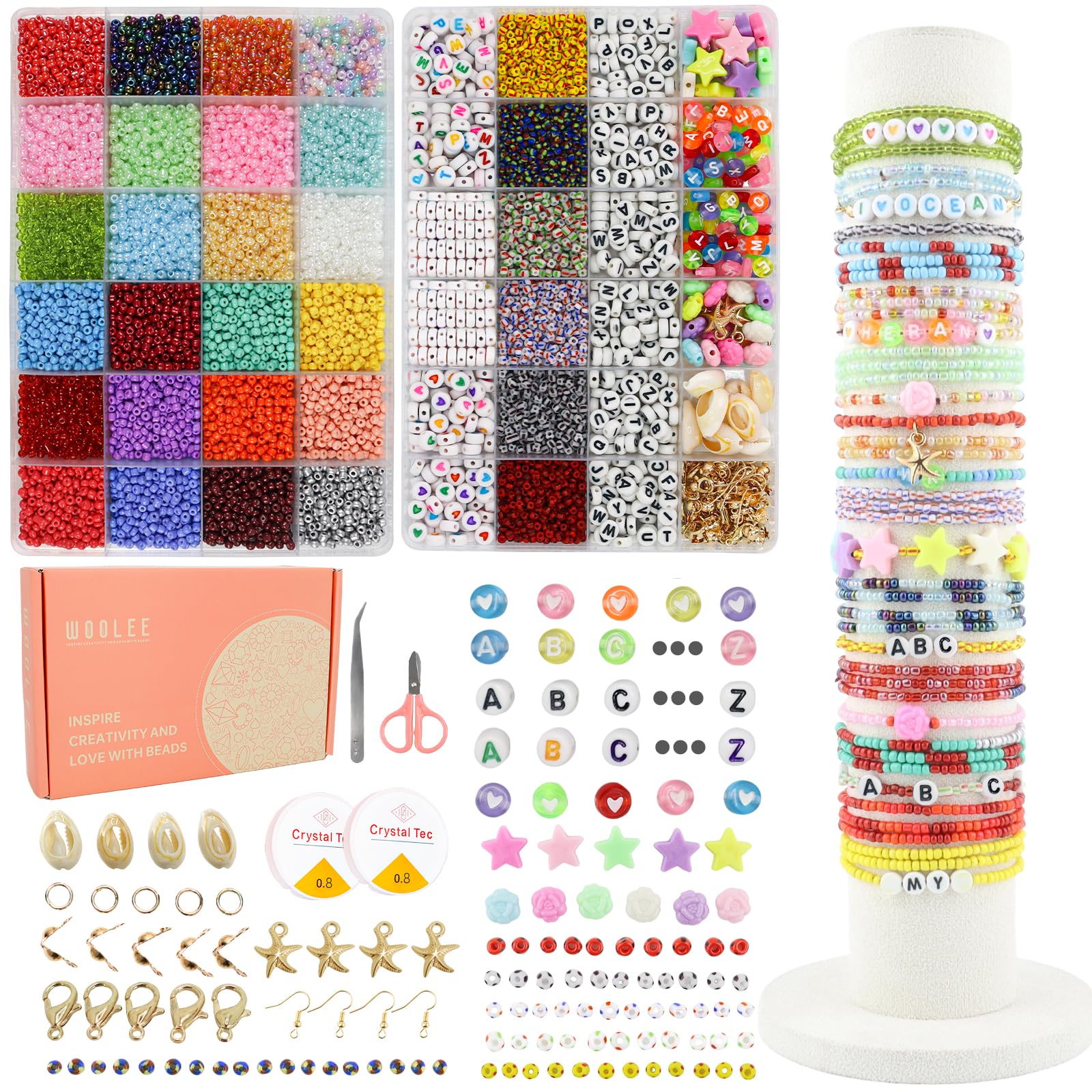 WOOLEE 3mm Glass Seed Beads Bracelet Making Kit 14670pcs+24 Colour Friendship Bracelet Making kit, Jewellery Making kit, Letter Beads Charms for Bracelets Making, Girls' Craft Gift