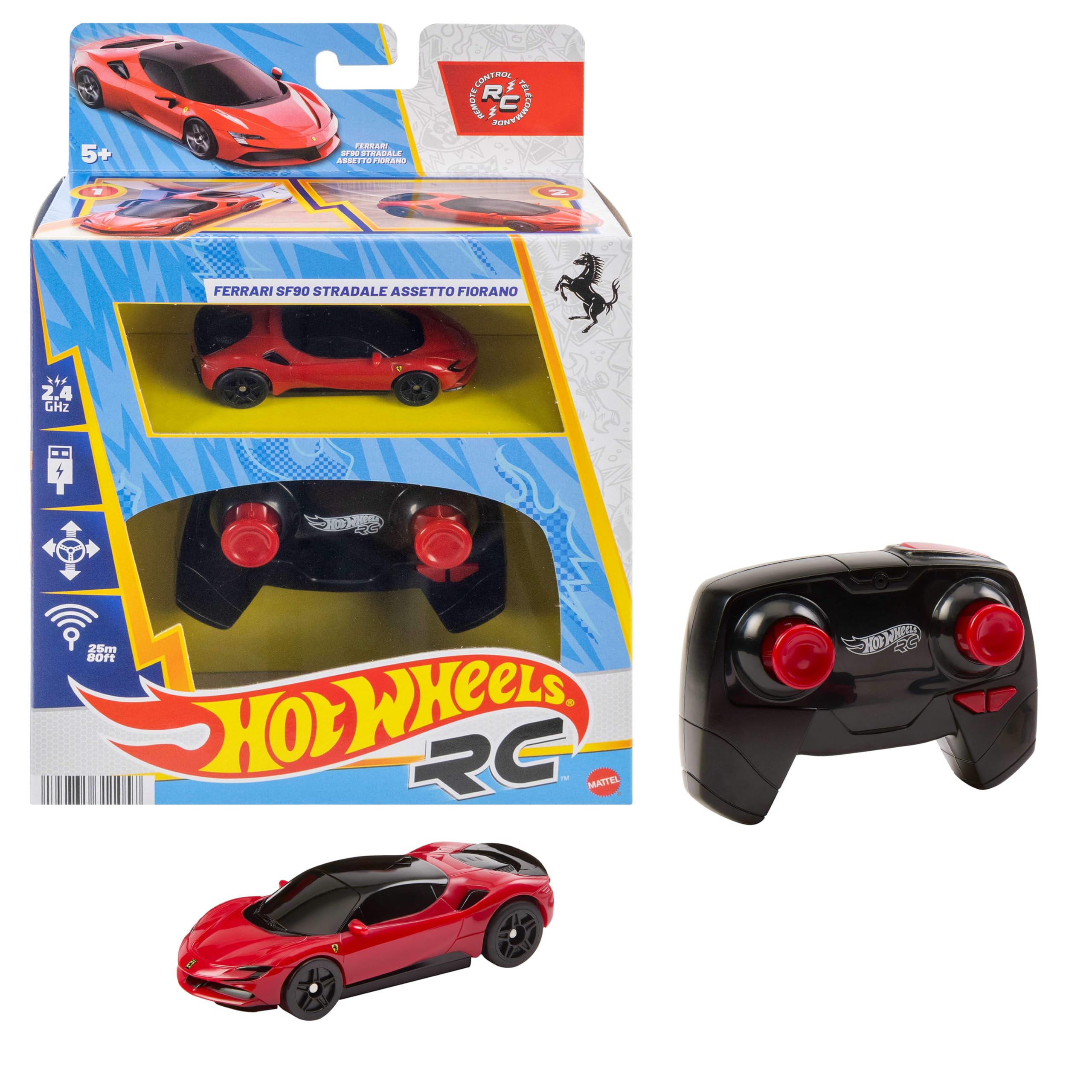 Hot Wheels RC Spielzeugauto, Ferngesteuerter Ferrari SF90 Stradale Assetto Fiorano im Maßstab 1:64, Rennen auf den Tracks oder abseits Davon, Beschleunigerknopf für extra Geschwindigkeit, JGD09