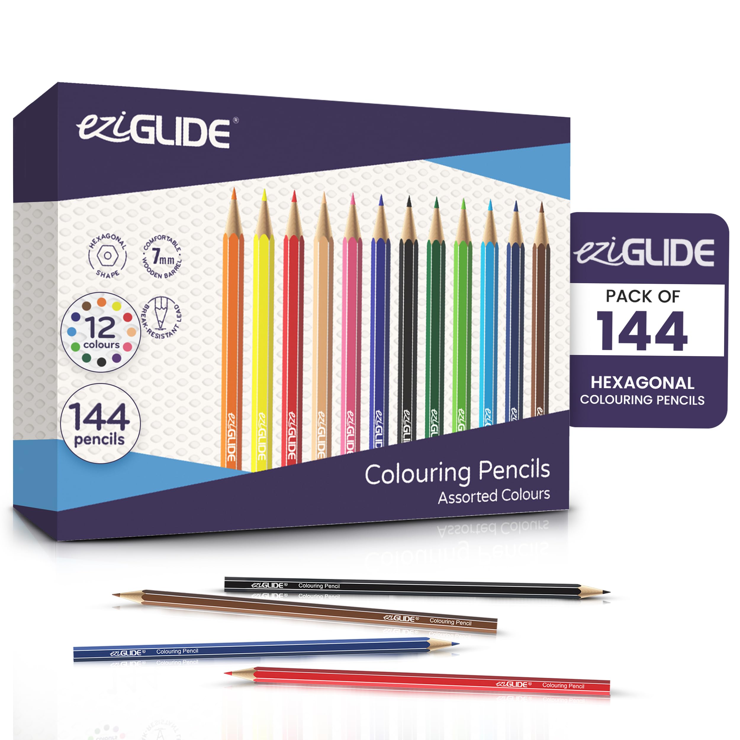 Eziglide Colouring Pencils, Pack of 144 Bulk Pencils Set of 12 Assorted High Pigment Colours, Ideal Colouring Pencil for Adults & Children for use in a Colouring Book, Sketching, Coloring & Drawing