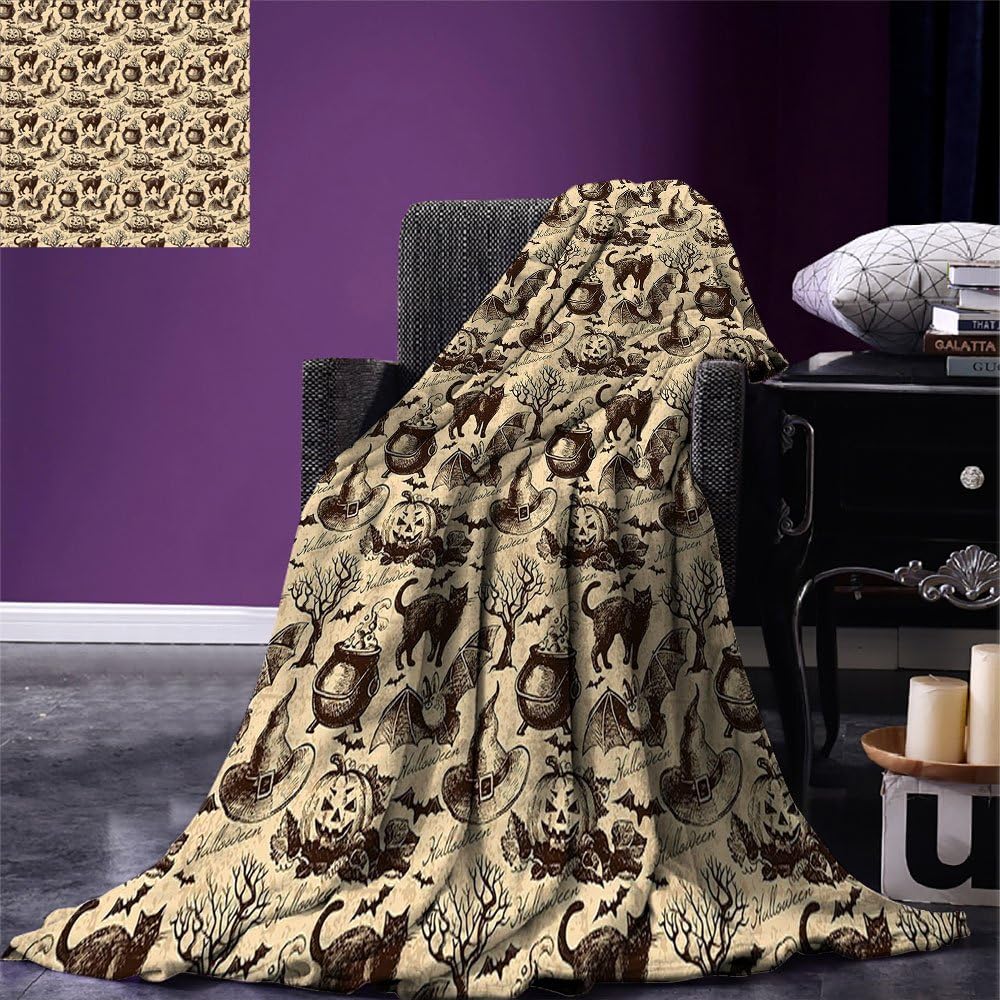 smallbeefly Vintage Halloween Throw Blanket Symbols of Halloween Witch Hat Cauldron Fall Jack o Lantern Black Cat Warm Microfiber All Season Blanket for Bed or Couch Light Brown