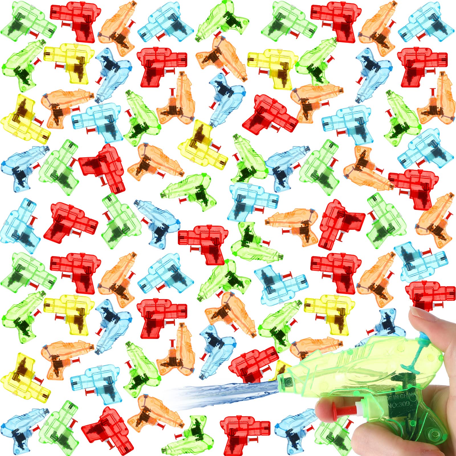 Photo 1 of Threan 100 Pieces Mini Water Gun Bulk Plastic Summer Squirt Toys Small Guns Fun Water Pistol for Outdoor Beach Bath Swimming Pool Game Party Favor (Red, Yellow, Blue, Green, Orange, Classic)