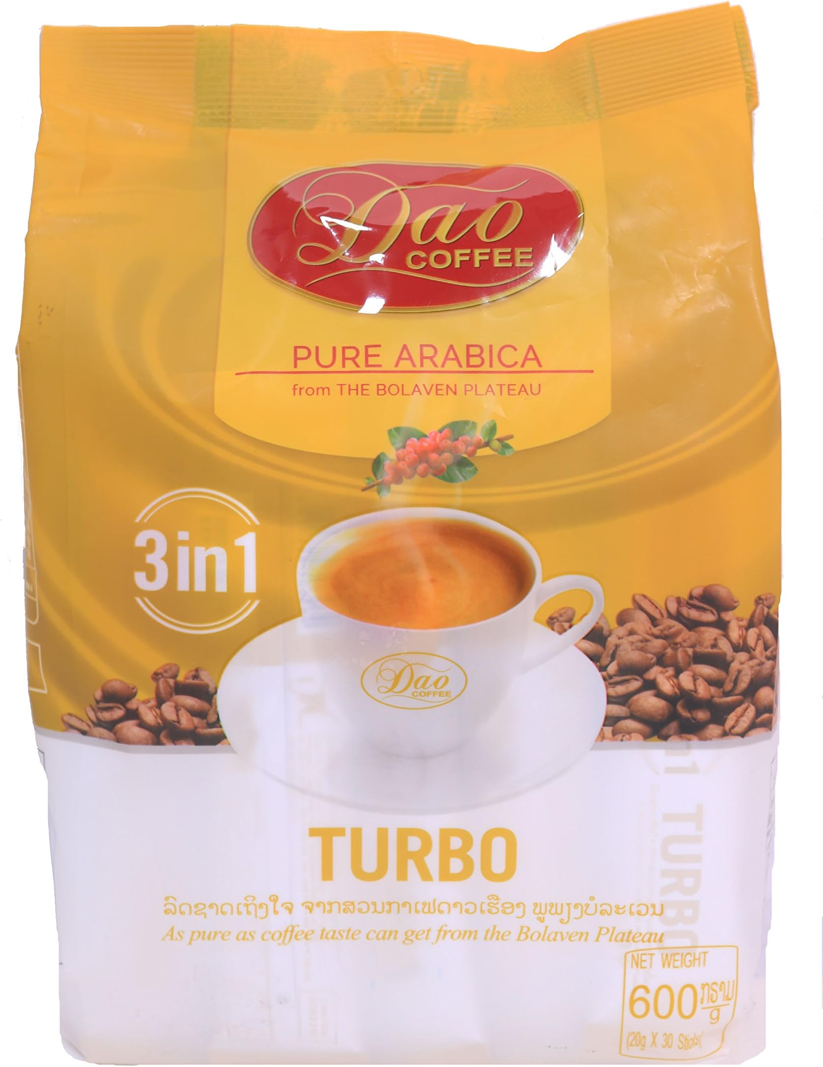 Laos Dao Instant Coffee 3 in 1 Turbo 100% Pure Arabica Halal 600g. Pack of 3 bags (90 sticks)