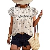 WDIRARA Women's Plus Size Bow Print Blouse Top Ruffle Cap Sleeve Shirt Babydoll Layered Casual Tops