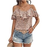 SOLY HUX Women's Boho Floral Print Tops Ruffle Cold Shoulder V Neck Short Sleeve Summer Vacation Blouse