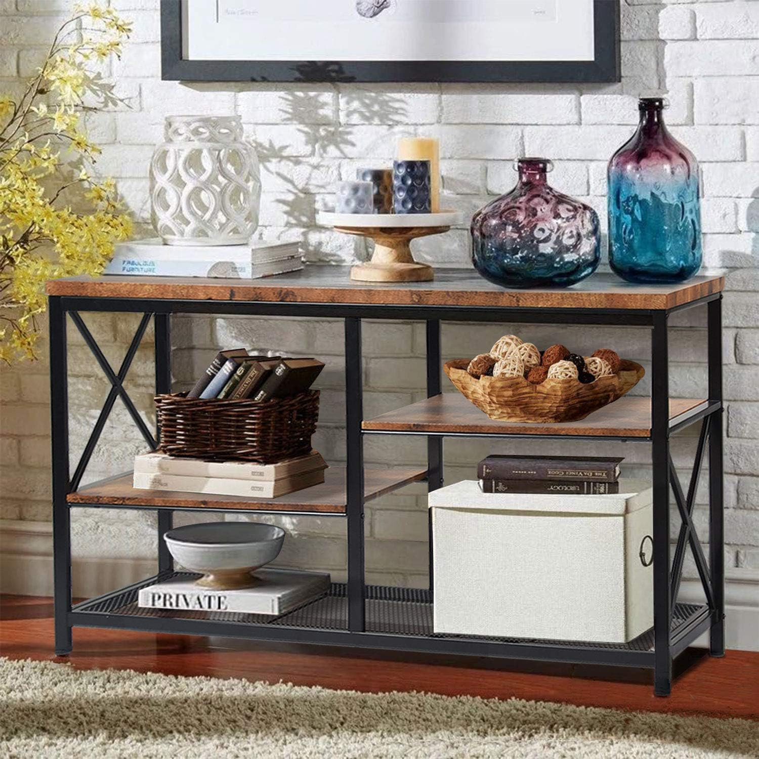 EdMaxwell Rustic Console Table, Industrial Sofa Table for Entryway, Hallway, Living Room, Behind The Couch, 51 Inch Long Table, 3-Tier X Design Narrow Entryway Table with Storage: Kitchen & Dining