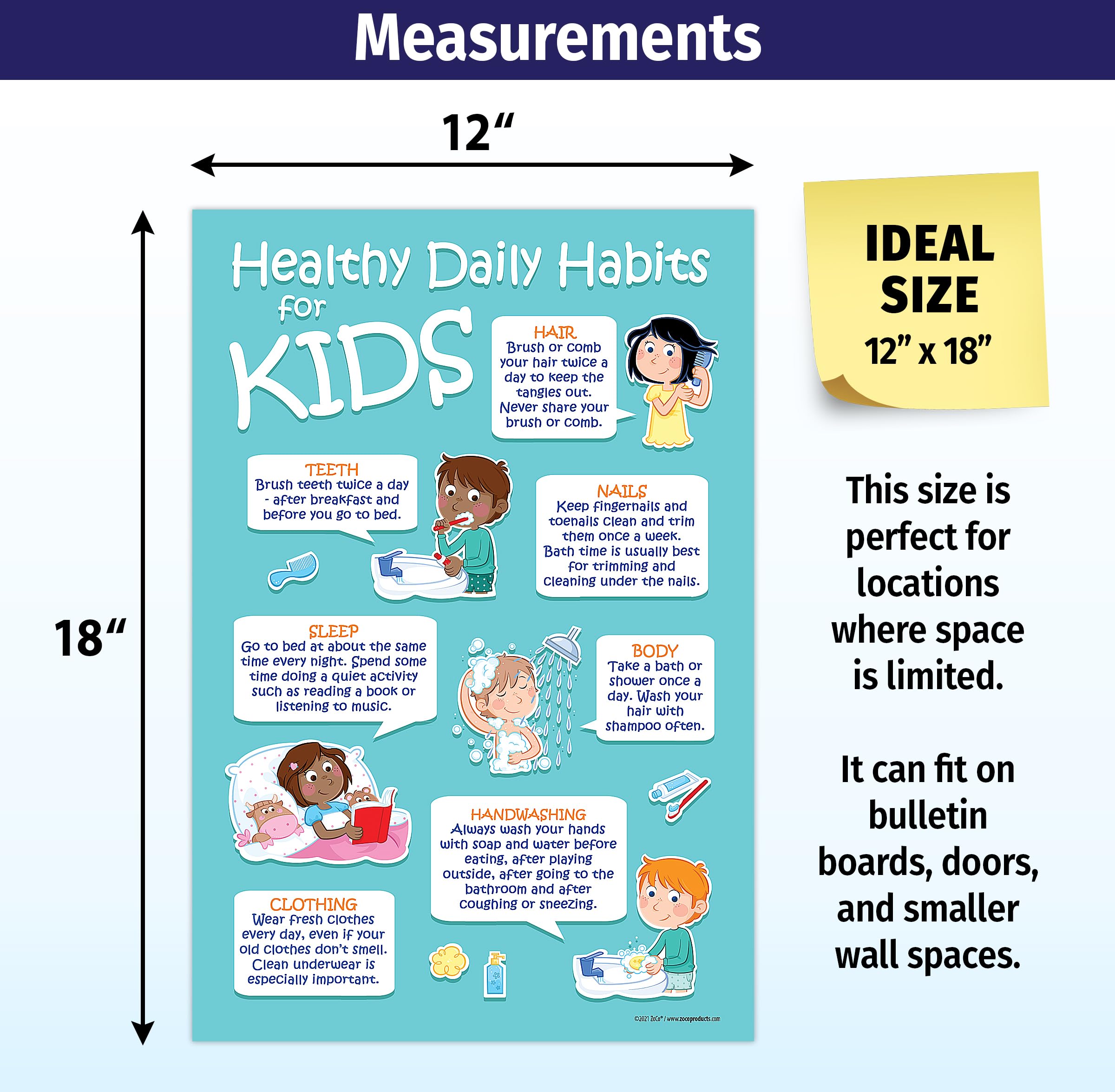 Safety Magnets ZOCO – 7 Healthy Daily Habits Poster for Kids – Laminated 12x18 – Hygiene Chart for Preschool Elementary School Nurse Office – Pediatric Health Decor for Classrooms Daycares Bathrooms