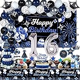 Miidenks 16th Birthday Decorations Set for Boy, Navy Blue Silver Black Party Decorations with Birthday Backdrop Banner, Tablecloth, 16 Number Balloons for Him