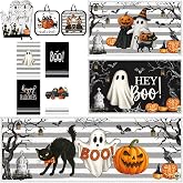11 Pcs Halloween Kitchen Decor Set Cute Ghost Kitchen Set Boo, Halloween | 3 Kitchen Rugs, 4 Towels, 2 Oven Mitts, 2 Pot Holders, Cute Spooky Set Featuring Pumpkins Black Cats, Farmhouse Baking Decor