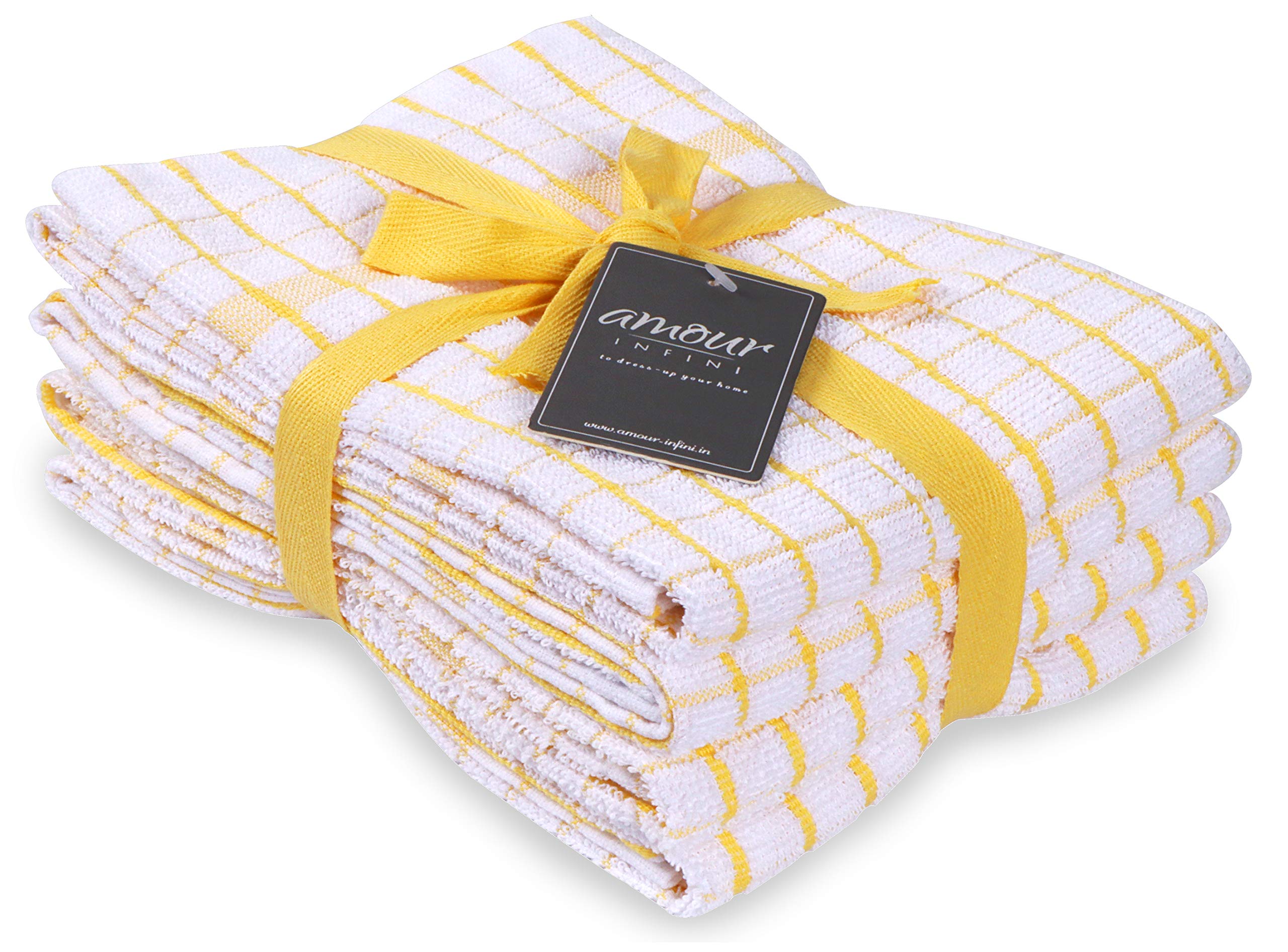 AMOUR INFINI Terry Kitchen Towels | Set of 4 | 50 x 70 cm | Super Plush and Absorbent |100% Cotton Dish Towels with Hanging Loop | Perfect for Household and Commercial Uses | Yellow