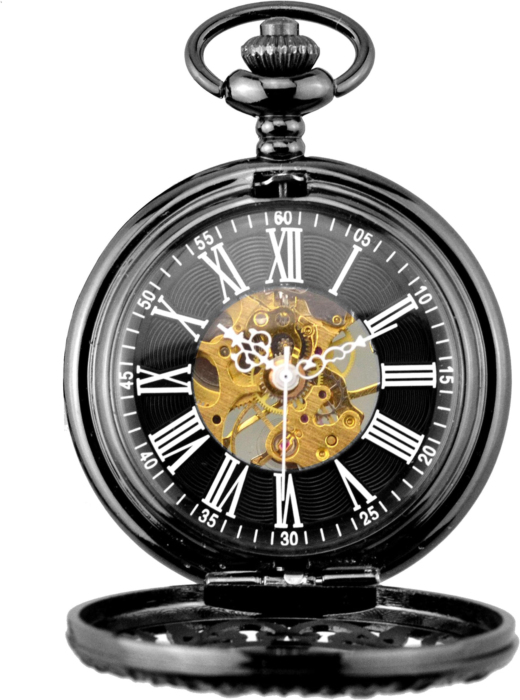Winkeyes Mechanical Pocket Watch, Black Vintage Steampunk Roman Numerals Scale Mens Womens Watch with 14.5in Chain for Dad Birthday Xmas Fathers Day with Gift Box