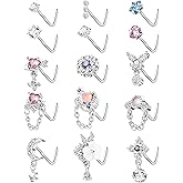 Vegolita 15PCS 20G 316L Stainless Steel Dangle Nose Studs for Women L Shape Nose Stud Moon Chain Heart Flower Nose Rings CZ Dangling Nose Piercing Jewelry