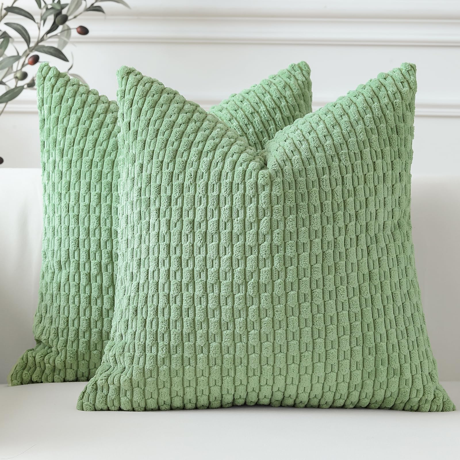 Sungeek Set of 2 Sage Green Soft Corduroy Decorative Cushion Covers Boho Striped Throw Pillow Covers for Sofa Couch Living Room Patio Farmhouse Home Decor Pillowcases 60x60cm