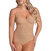 Leonisa Shaping Lace Bodysuit with Underwire Fabric Cups - Lace Contour Bodysuits for Women Tummy Control