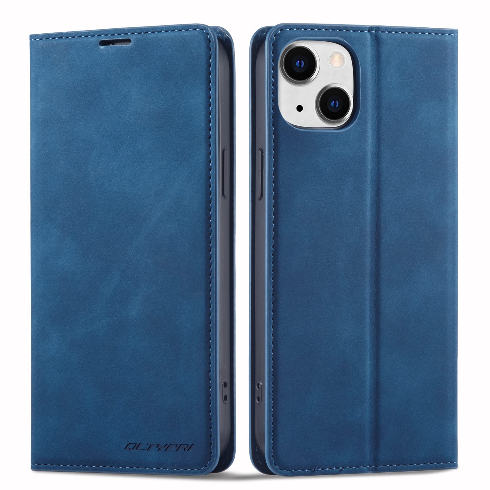 QLTYPRI Case for iPhone 13, Premium PU Leather Cover TPU Bumper with Card Holder Kickstand Hidden Magnetic Adsorption Shockproof Flip Wallet Case for iPhone 13 - Blue