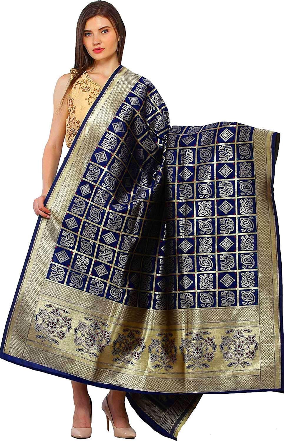 rahee collection women's banarasi bandhej silk dupatta (navy blue & gold)
