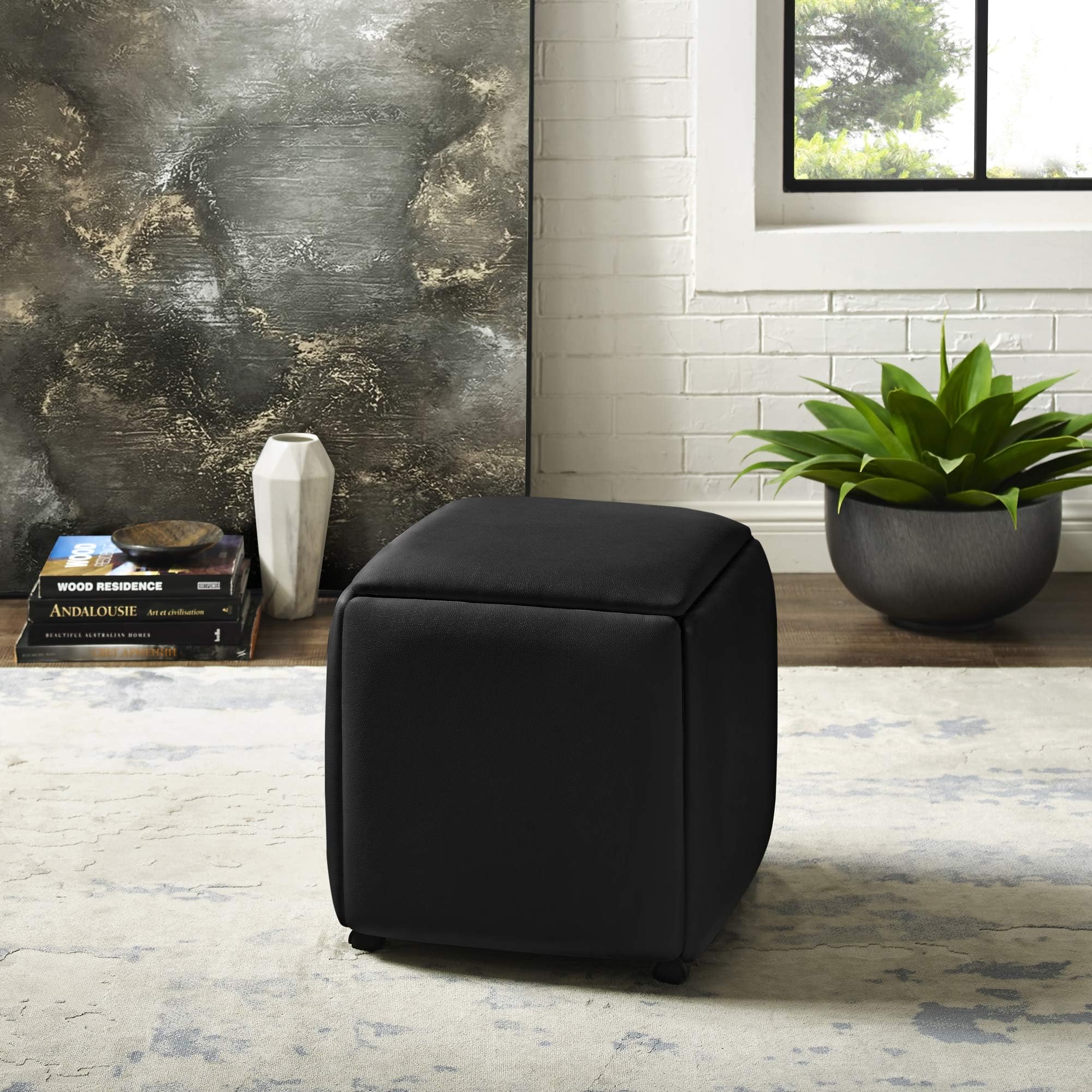 Loft Lyfe Brisa Convertible Ottoman - 5 in 1 Nesting Seats | Cube Design | PU Leather | Caster Wheel Legs | Black