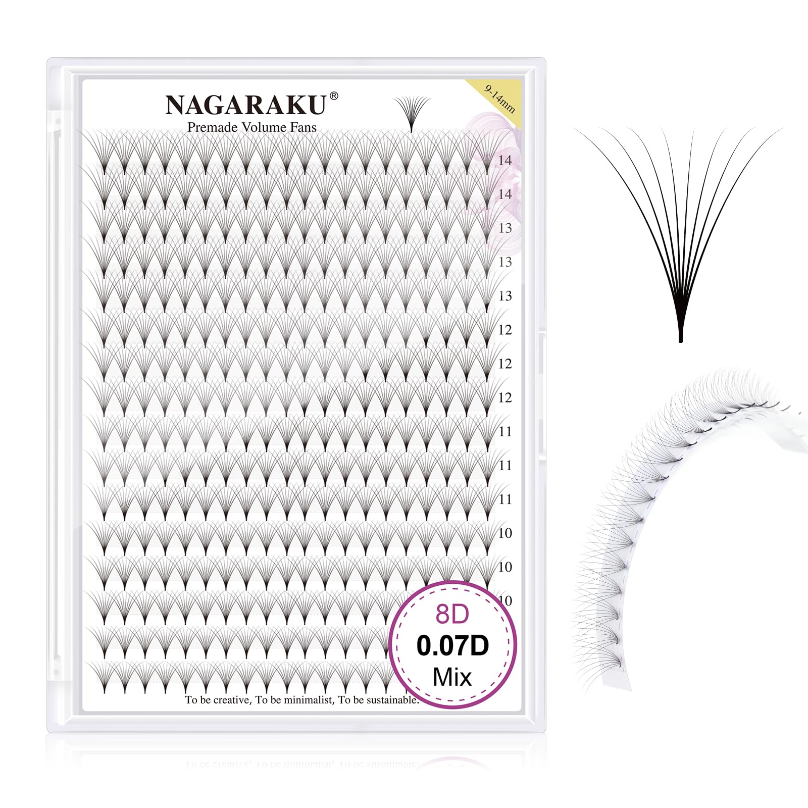 NAGARAKU Eyelash Extensions 320 Clusters Premade Fans Russian Volume Long Stem Premade Fans Thin Pointy Base Natural Pre Fanned Fluffy False Eyelash Black 16 Rows (8D 0.07 D Curl 9-14mm Mix Tray)