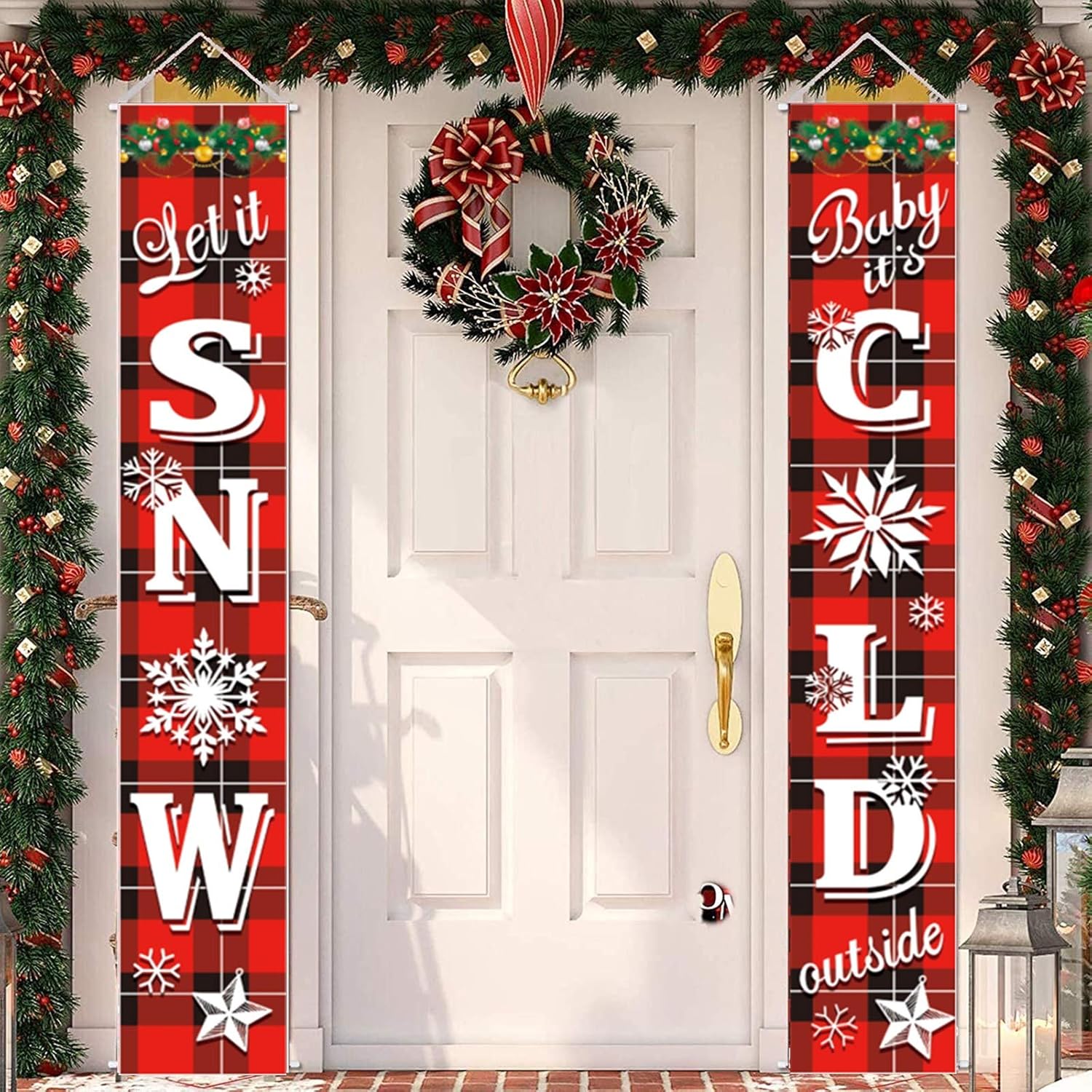 Christmas Porch Sign, Front Door Merry Christmas Banner Hanging Christmas Door Decorations for Home Wall Indoor Outdoor Holiday Party