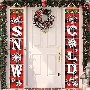 Christmas Porch Sign, Front Door Merry Christmas Banner Hanging Christmas Door Decorations for Home Wall Indoor Outdoor Holiday Party
