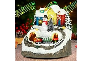 FUTETUI Musical Resin Snowman Christmas Village Figurines with Spinning Train LED Lights, Collectibles Statues Architectural Decor, Battery & USB Xmas Holiday Indoor Decor Ornaments Centerpiece