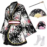 PLULON 5 Pcs Women's Japanese Kimono Robe Short Floral Print Kimono Dress Sexy Geisha Yukata Satin Bathrobe with Accessories
