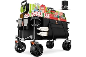 Navatiee Big Wheels Collapsible Wagon Cart Foldable, Heavy Duty Beach Wagon with Silent All-Terrain Wheels, Folding Utility Grocery Cart with Side Pocket and Brakes for Camping Garden Sports, Black