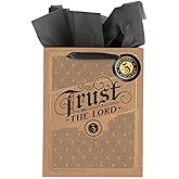 Christian Art Gifts Large Portrait Inspirational Scripture Gift Bag, Tag & Wrapping Tissue Paper Set for Men & Women: Trust in the Lord Bible Verse Cork Brown Paper, Black & Gold, Satin Ribbon Handles
