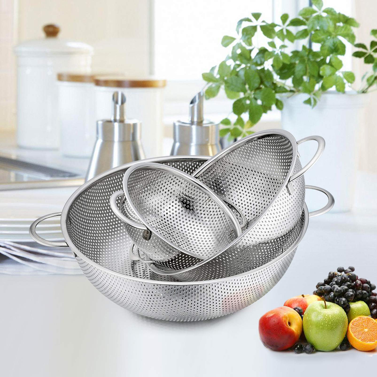 Stainless Steel Colander - 3 Quart, 8.8" Diameter, Dishwasher Safe, For Pasta Vegetables Fruit - View #3