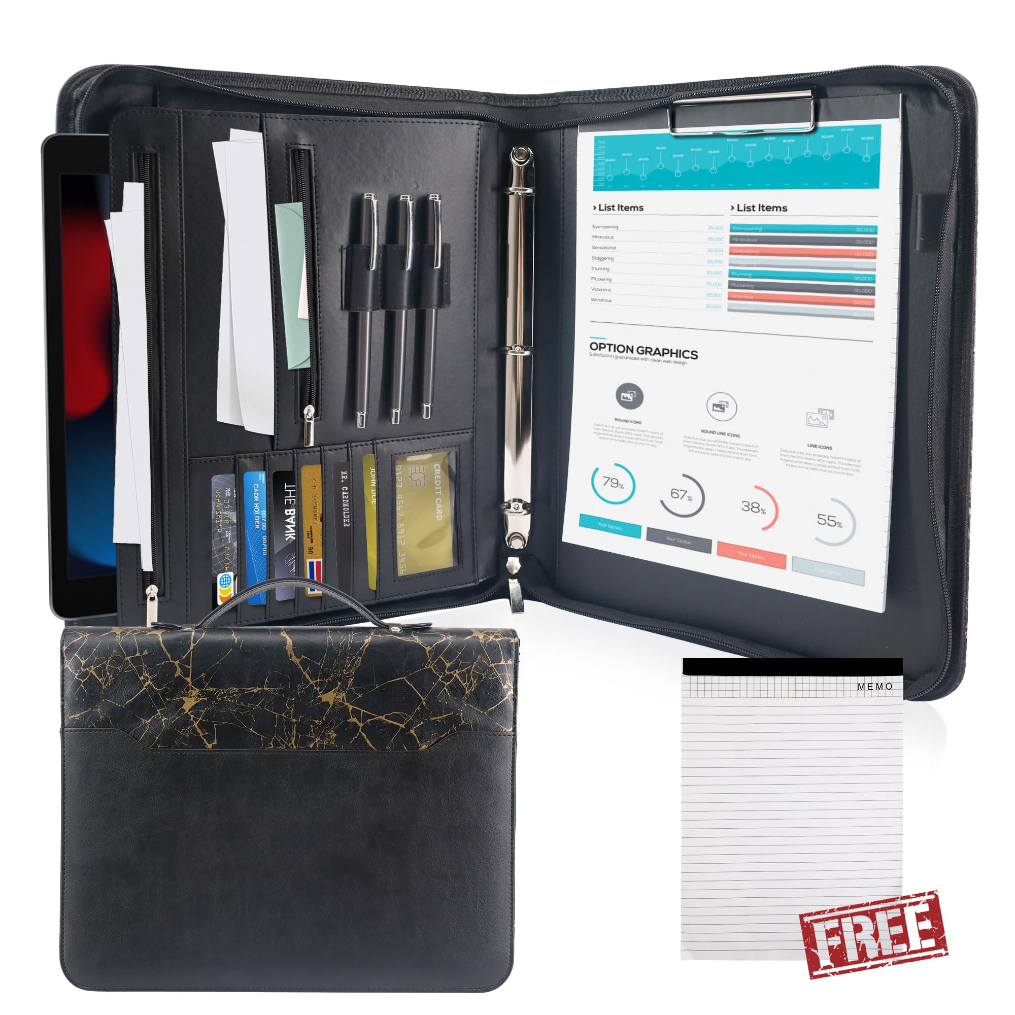 GraduatePro A4 Conference Folder with Handle and 3-Ring Binder, Waterproof Business Organizer Bag for Men/Women, Black Marble
