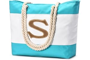 Becokan Initial Beach Bag Waterproof Canvas Beach Tote Bag Zipper Personalized Gifts for Women Her Birthday Travel Essentials