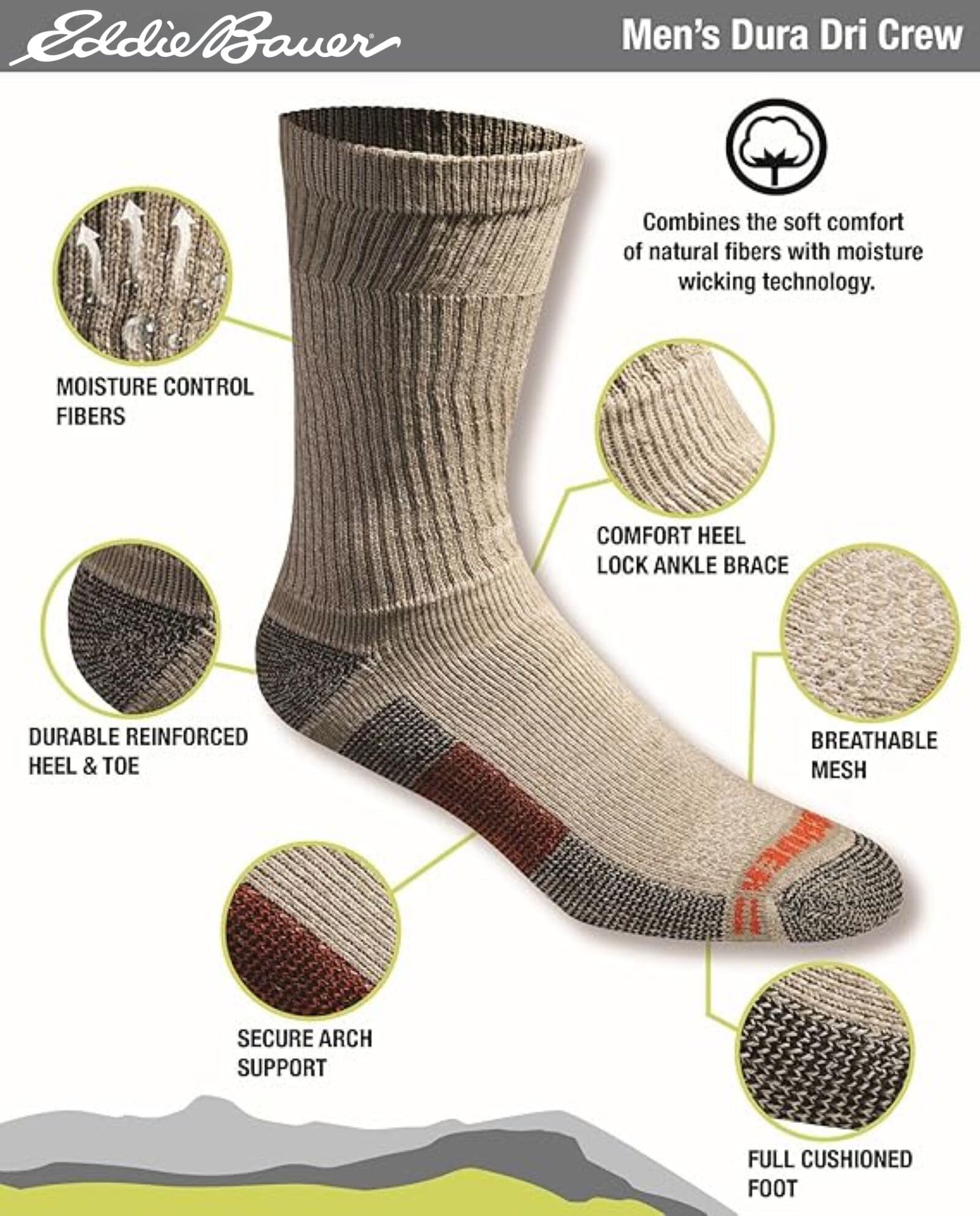 Eddie Bauer mens Dura Dri Moisture Control Crew Socks, 6 Or 12 Pairs