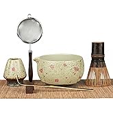 GleeNflux 7-Piece Matcha Set with Ceramic Matcha Bowl, Bamboo Whisk (Chasen) & Holder, Sifter, Tea Scoop & Rest, Special Bamboo Tea Mat - Perfect Matcha Kit for Matcha Lovers & Gift Giving, Sakura