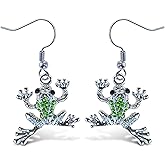 Aqua79 Silver and Green Frog Dangle Earrings - Rhinestone Bohemian Dangle Earrings for Women and Teens, Zinc Alloy Fish Hook Earrings, Frog Animal Earrings - 1.5 Inches