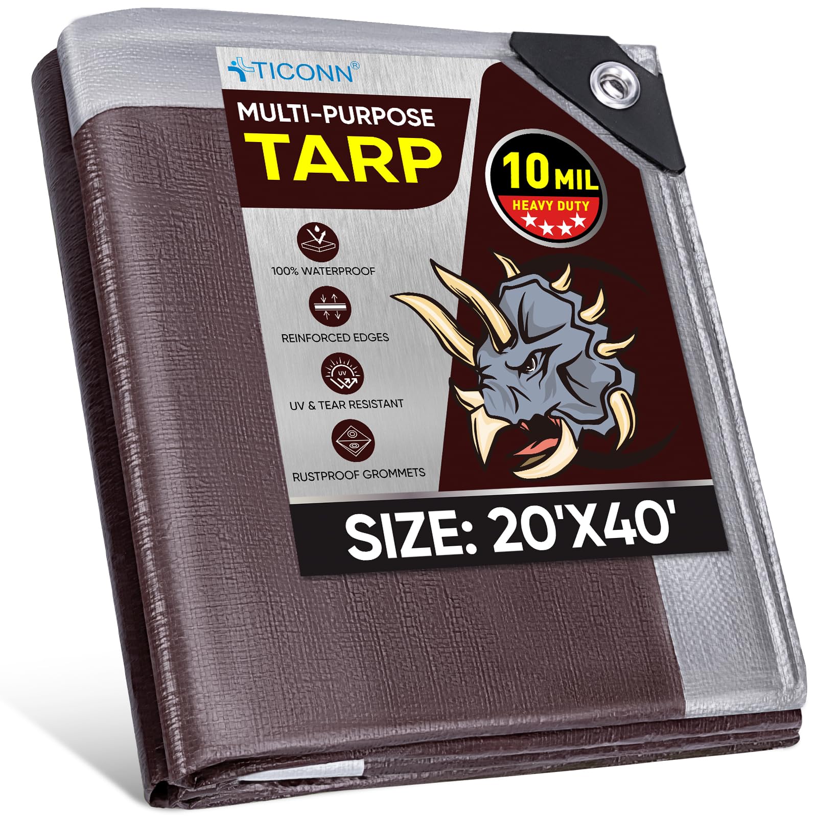 TICONN Heavy Duty Tarp Cover, Extra Thick Tarps Waterproof Tear and Rip Proof UV Resistant Tarpaulin with Reinforced Grommets and Edges (10 Mil, 20'×40') Image