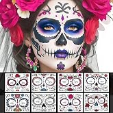 Day of the Dead Face Tattoos - 8 Pack Halloween Temporary Face Tattoos Sugar Skull Face Tattoo for Adult Women