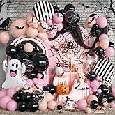 Halloween Balloon Arch Garland Kit, Black Pink Macaron Orange Black and White Striped Ghost Foil Balloons with 3D Bat Stickers for Girls Halloween Party Spooky Birthday Party Decorations