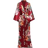 BABEYOND Plus Size Long Kimono Robe Floral Satin Robes Silky Kimono Cover Up Loose Cardigan Top Bachelorette Party Robe