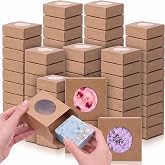 TaoBary 100 Pcs Soap Boxes Bulk for Homemade with Window, Kraft 3x3x1.2'' | Christmas Gift Boxes, Clear Round Window for DIY