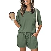 JiniGolla Women's 2 Piece Outfits Waffle Knit Casual Short Sleeve Pullover Tops and Drawstring Shorts Pants Lounge Sets